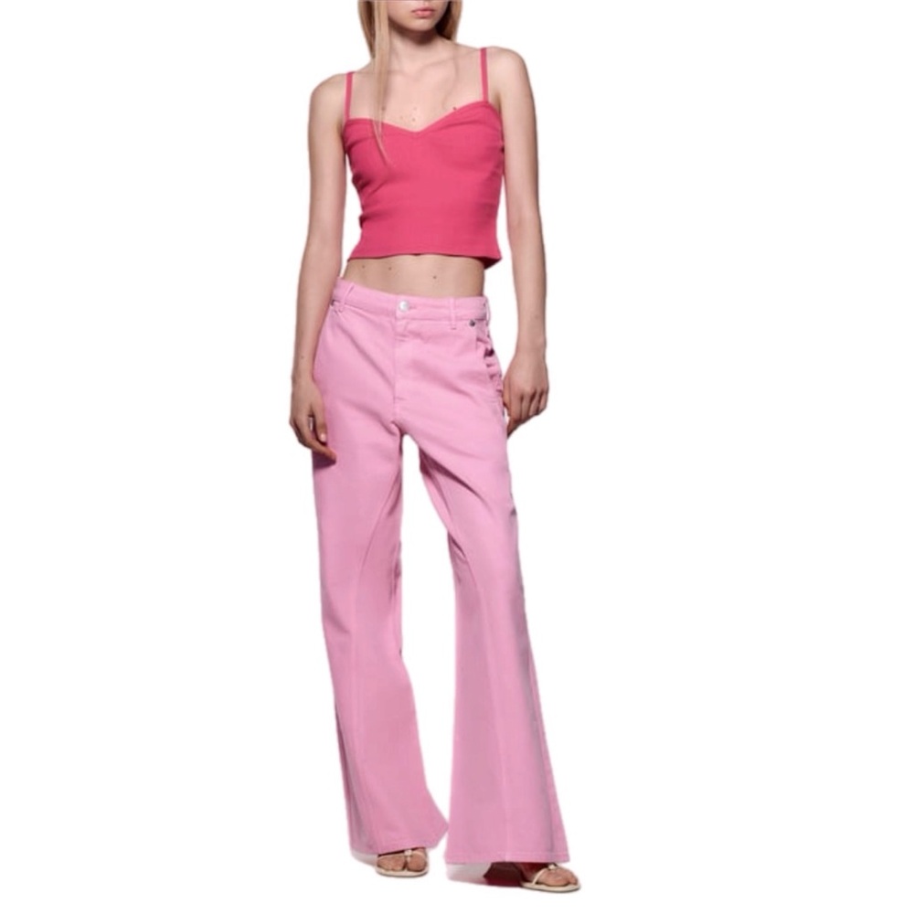 Zara NWT Pink High Rise Super Wide Leg Jeans In Size 10